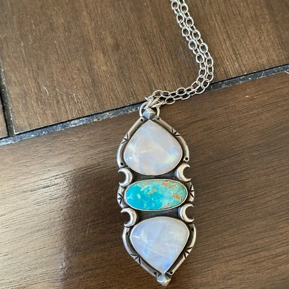 Pacific Crest Silver moonstone and turquoise sterling silver pendant - Picture 2 of 13